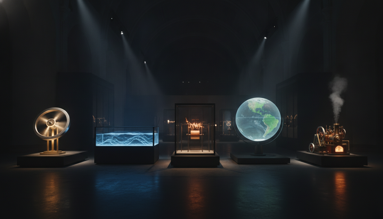 A dark museum gallery at night with five glowing physics exhibit stations